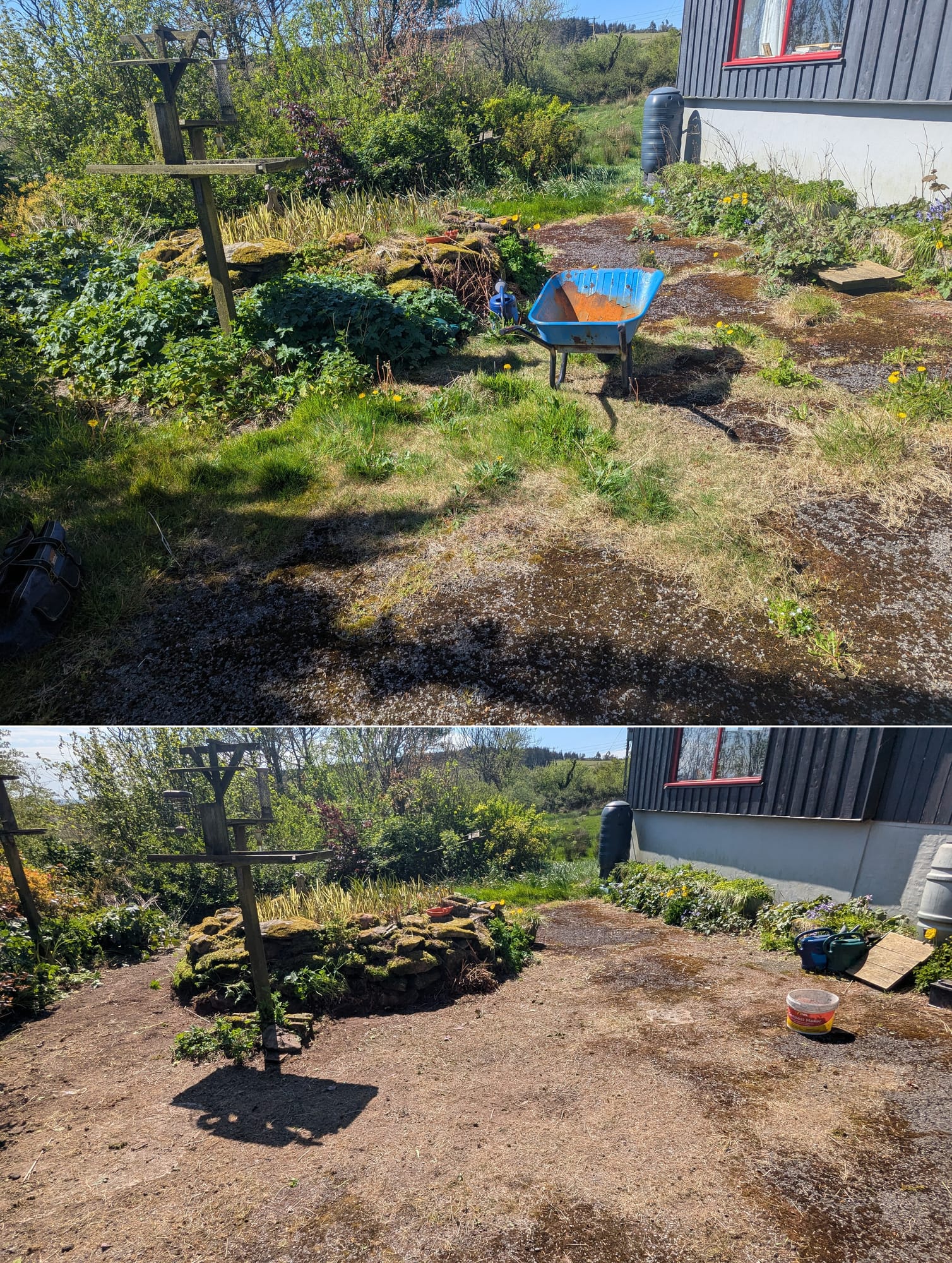 Before and after clearing an overgrown driveway and pond area in Crymych, with grass cleared and the pathway around the pond reopened