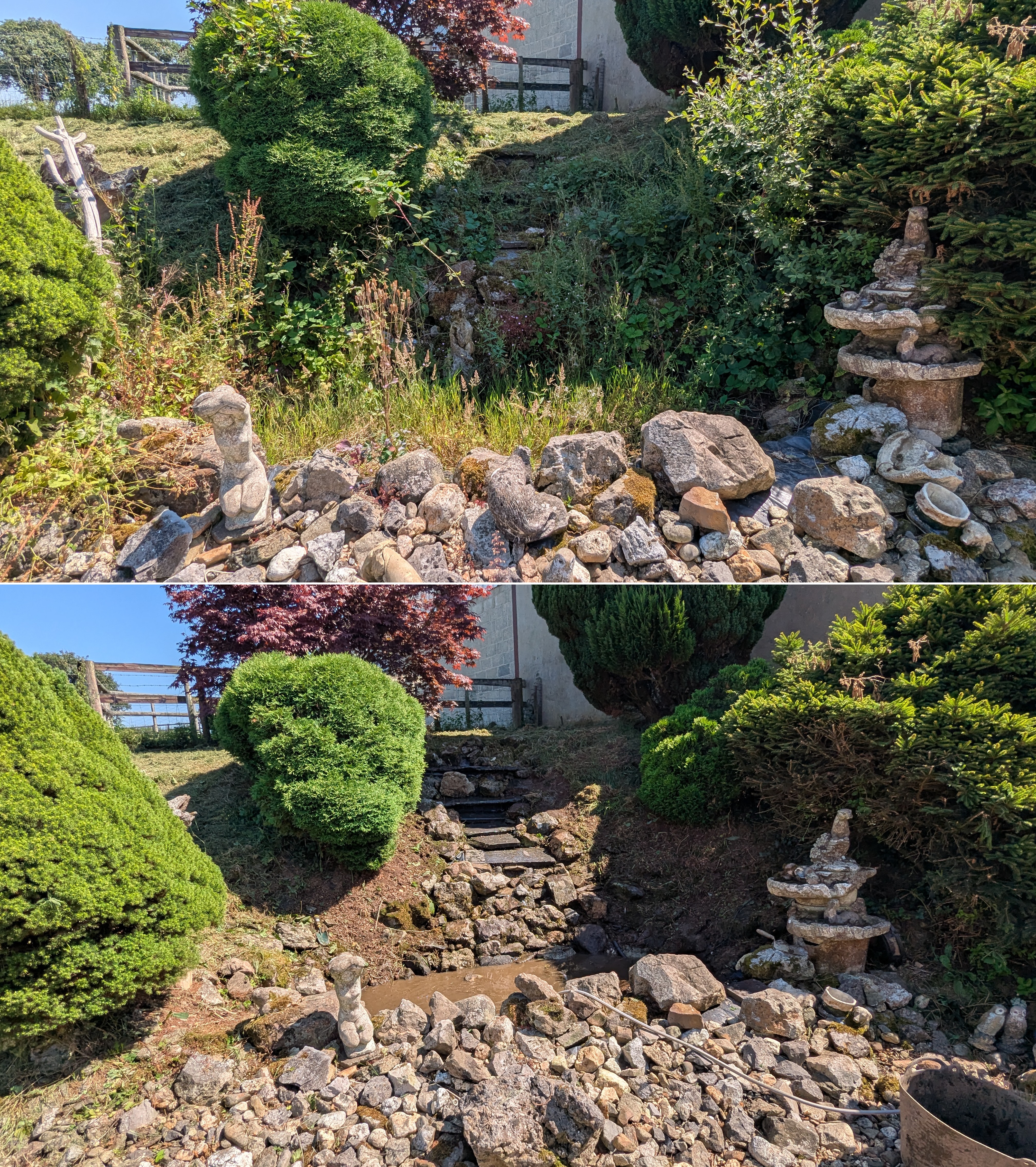 Before and after clearing an overgrown, silted-up pond and stream near Whitland, with brambles and weeds removed and the water flowing freely again